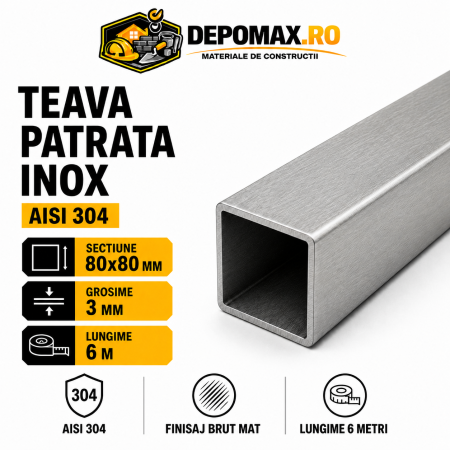 Teava patrata inox AISI 304, 80 x 80 x 3 mm, 6 metri